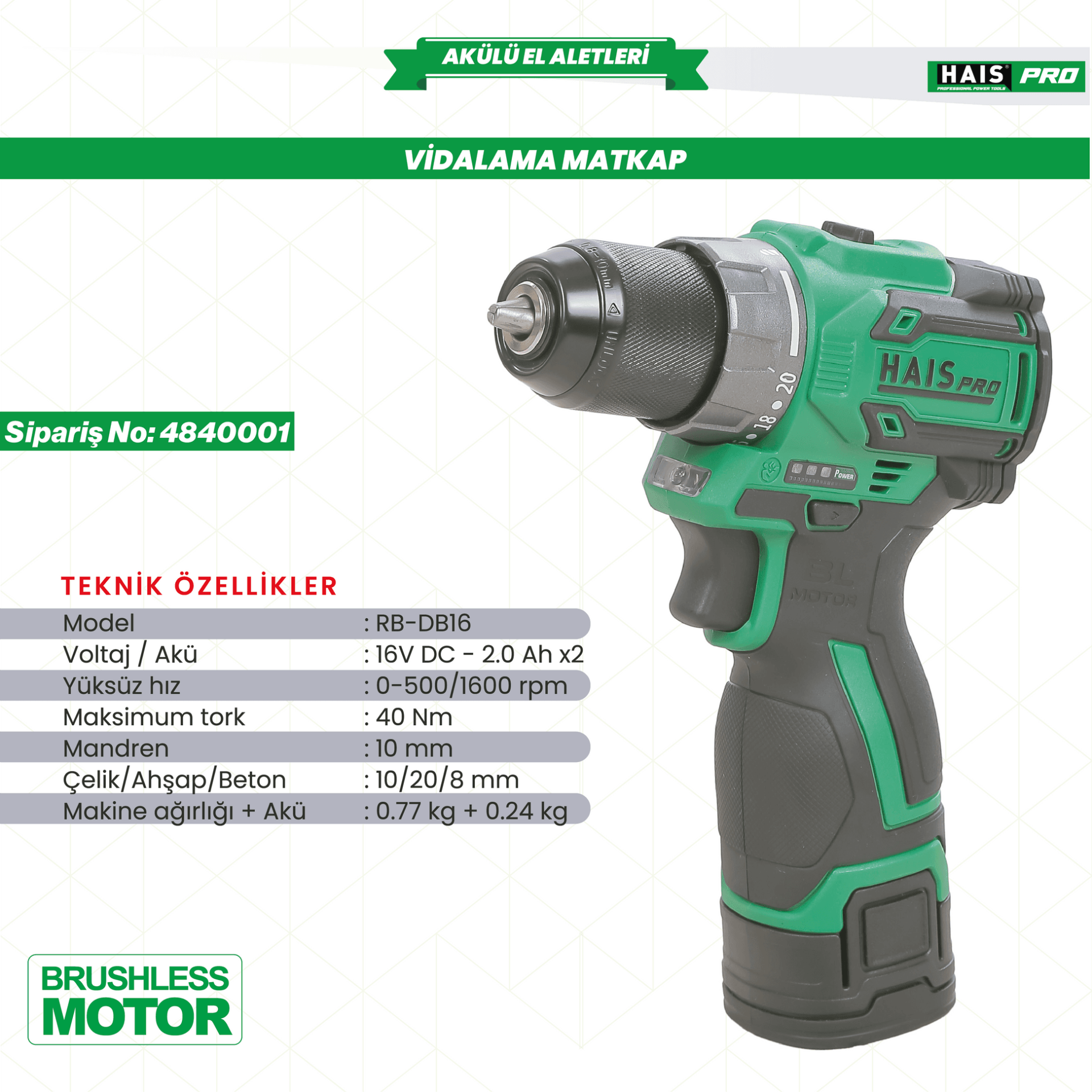 HAİSPRO AKÜLÜ VİDALAMA MATKAP 16V 2.0 Ah. RB-DB16 HAISPRO.4840001