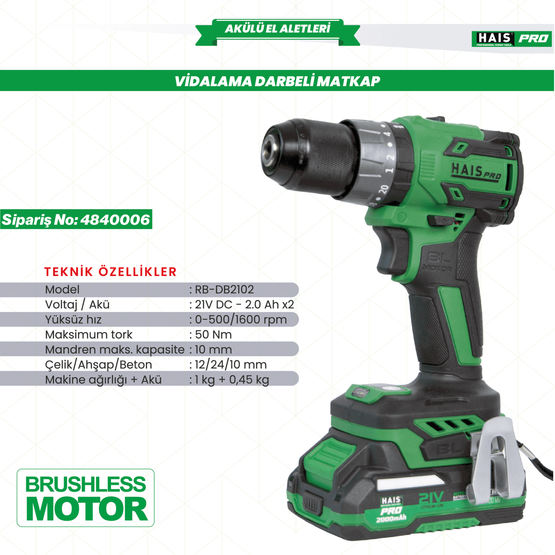 HaisPRO AKÜLÜ VİDALAMA DARBELİ 21V 2AH RB-DB2102
