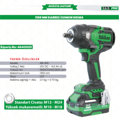 Haispro RB-810 Profesyonel Darbeli Somun Sıkma 1100 Nm 21 V 4.0 Ah