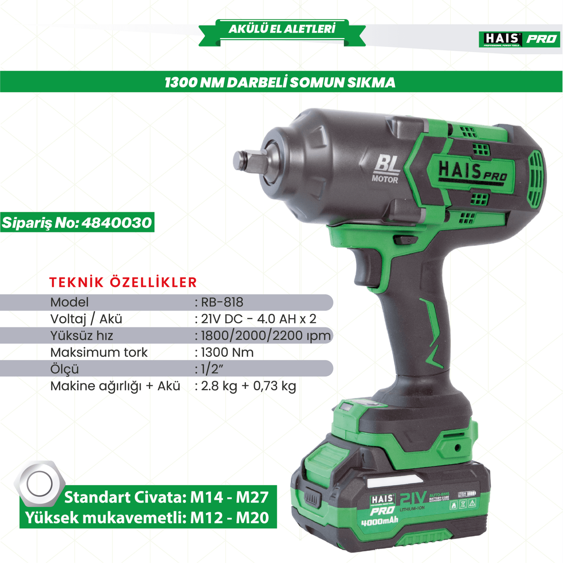 Haispro RB-818 Profesyonel Darbeli Somun Sıkma 1300 Nm 21 V 4.0 Ah