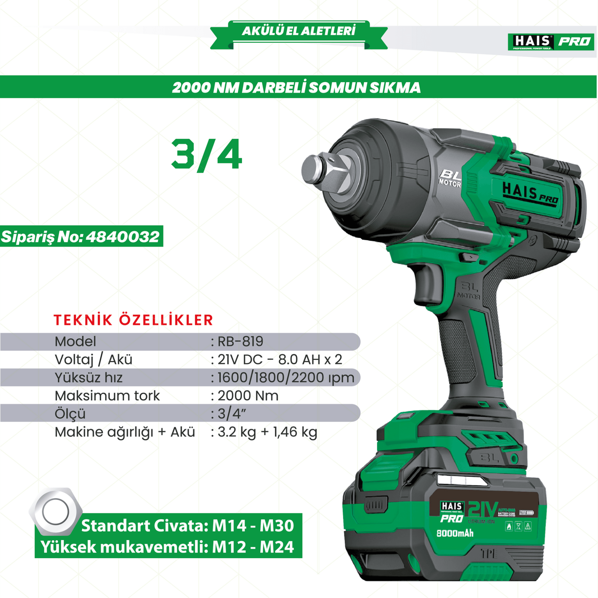 Haispro RB-819 Profesyonel Darbeli 3/4 Somun Sıkma 2000 Nm 21 V 8.0 Ah