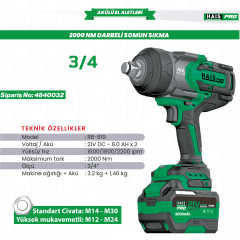 Haispro RB-819 Profesyonel Darbeli 3/4 Somun Sıkma 2000 Nm 21 V 8.0 Ah