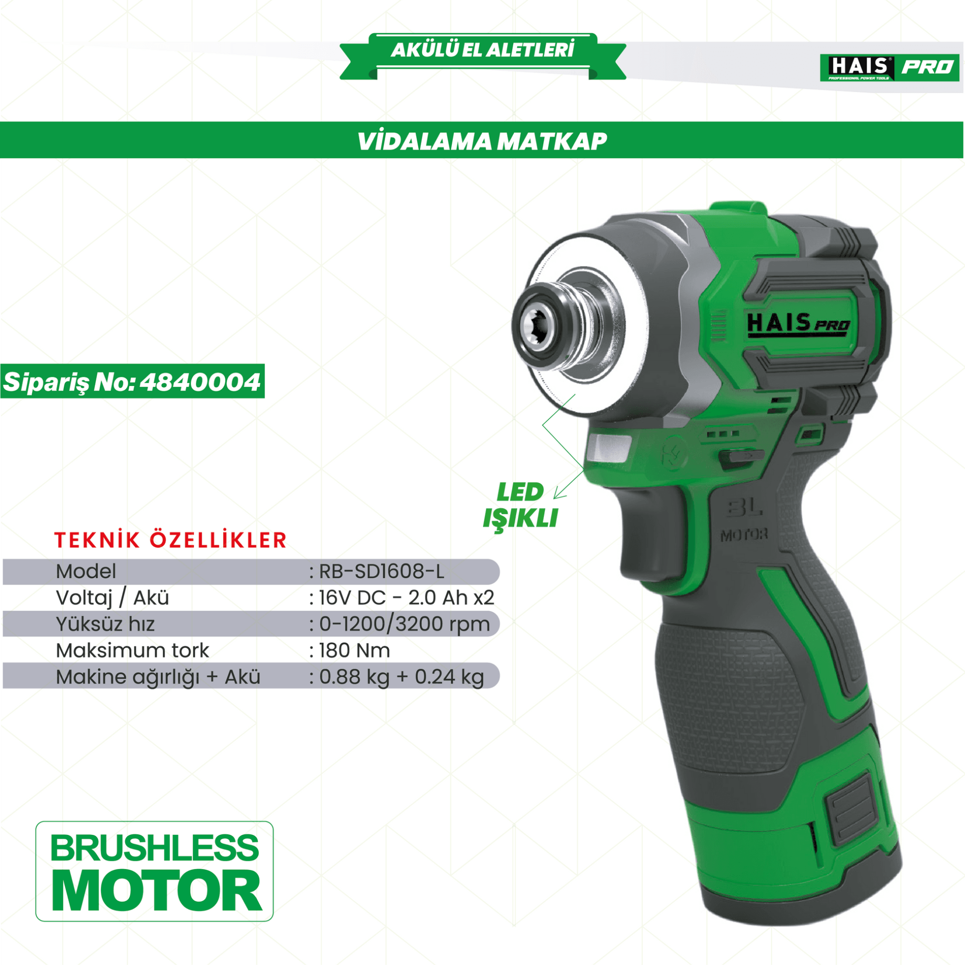 HAISPRO  RB-SD1608-L Profesyonel Vidalama Matkap 16 V